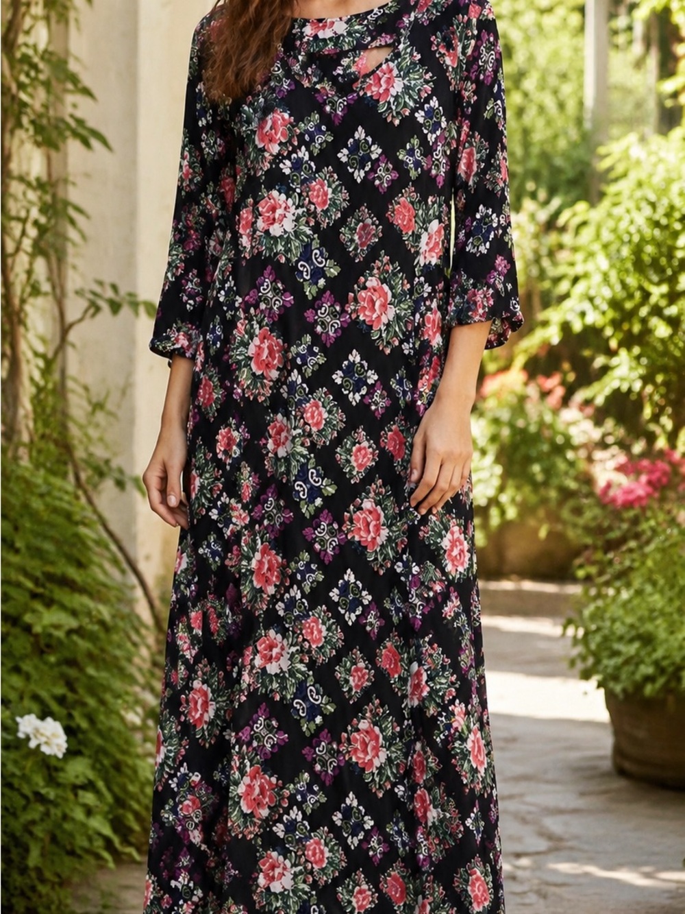 Women's Black Floral Maxi Dress with Pink Roses